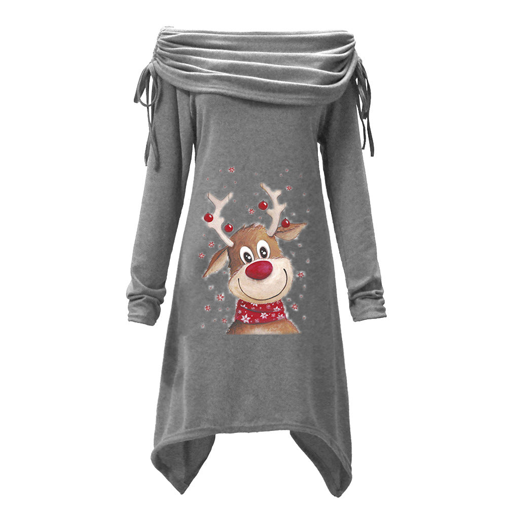 Kvinders afslappede kjole med off-the-shoulder design og legende rensdyrmotiv