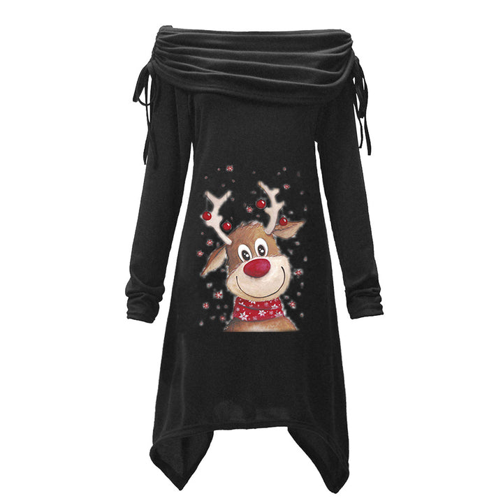 Kvinders afslappede kjole med off-the-shoulder design og legende rensdyrmotiv
