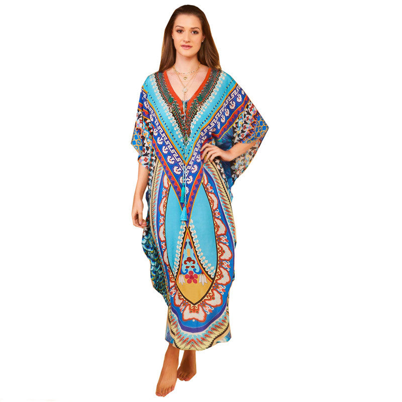 Dame Strandkaftan med farverigt, kunstnerisk print og brede ærmer Stilla