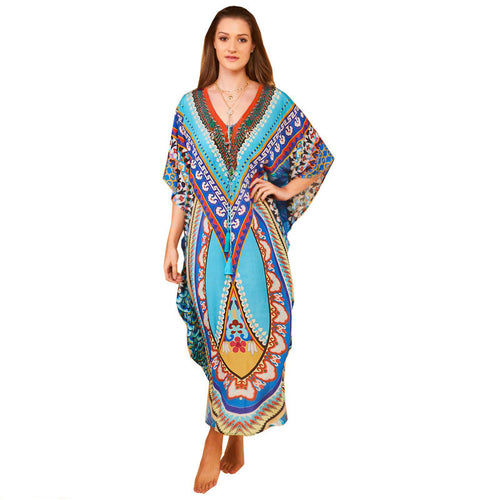 Dame Strandkaftan med farverigt, kunstnerisk print og brede ærmer Stilla