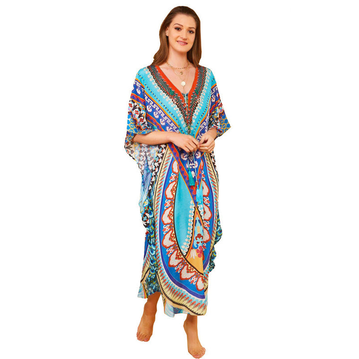 Dame Strandkaftan med farverigt, kunstnerisk print og brede ærmer Stilla