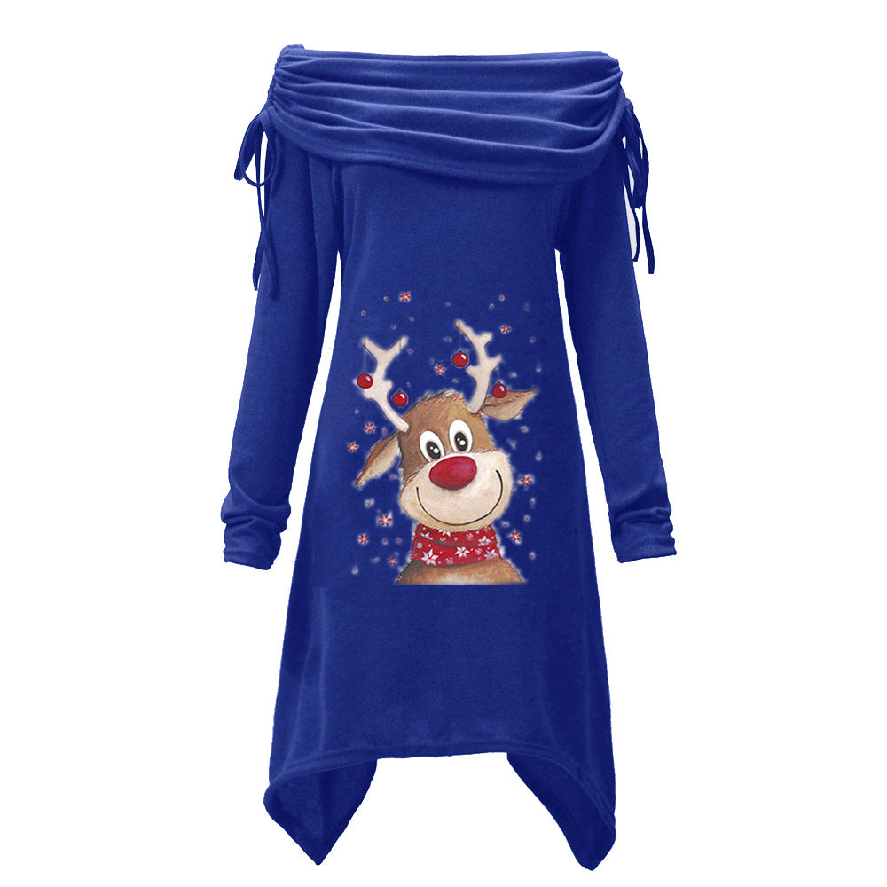 Kvinders afslappede kjole med off-the-shoulder design og legende rensdyrmotiv