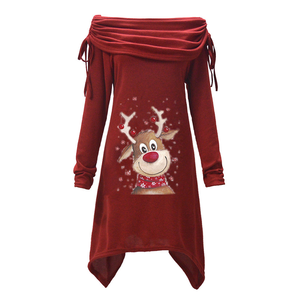 Kvinders afslappede kjole med off-the-shoulder design og legende rensdyrmotiv