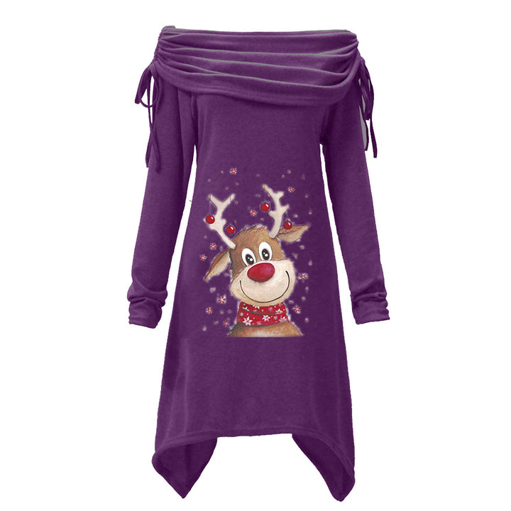 Kvinders afslappede kjole med off-the-shoulder design og legende rensdyrmotiv