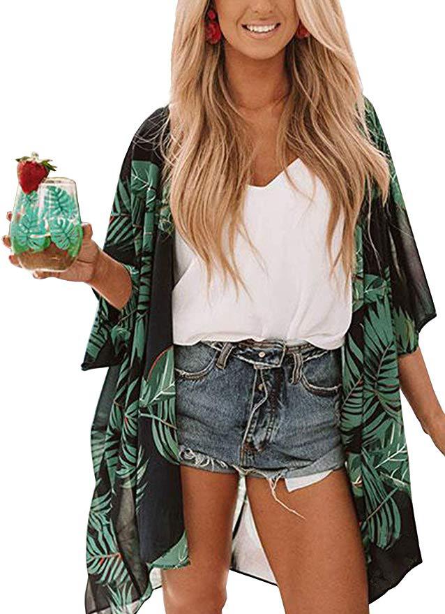 Dame luftig strandkimono med blomsterdesign Stilla