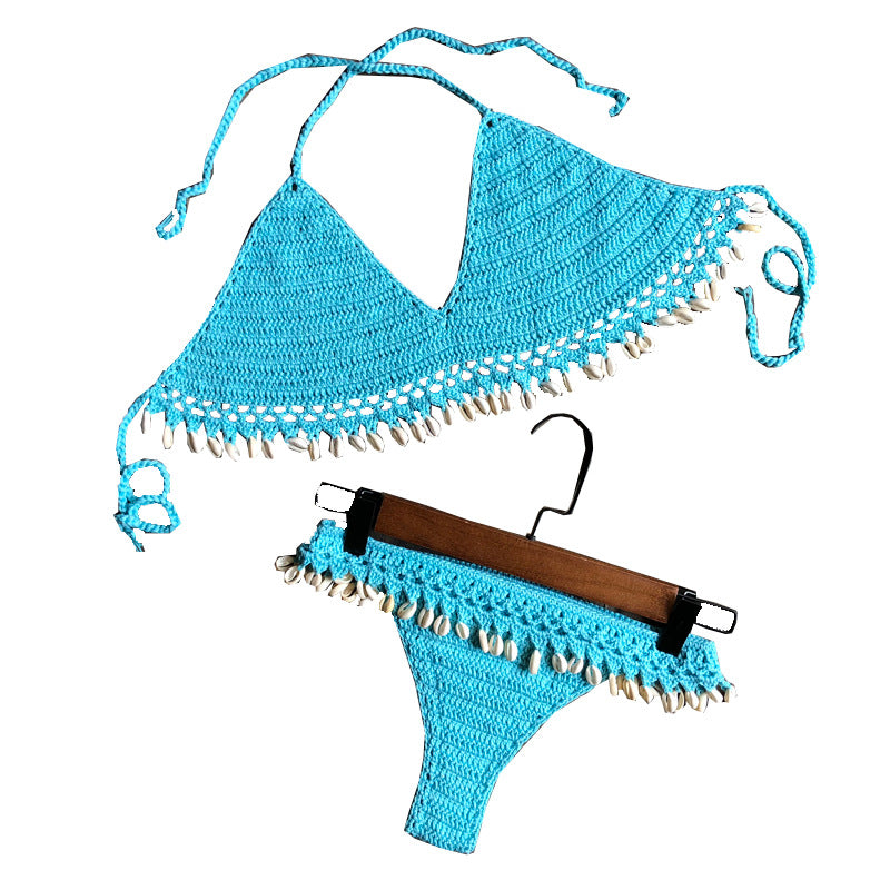 Dame Hæklet Bikini Sæt med Musling Pynt og Trendy Ruf Stilla