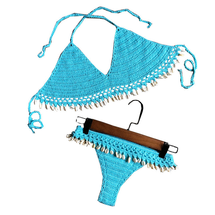 Dame Hæklet Bikini Sæt med Musling Pynt og Trendy Ruf Stilla
