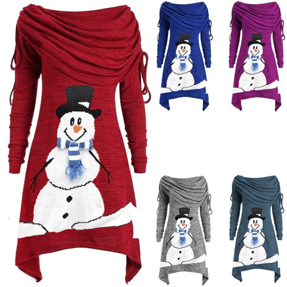 Kvindernes afslappede juleskjorte med off-the-shoulder design og snemandsmotiv Skovae