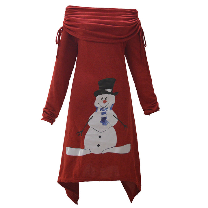 Kvindernes afslappede juleskjorte med off-the-shoulder design og snemandsmotiv Skovae