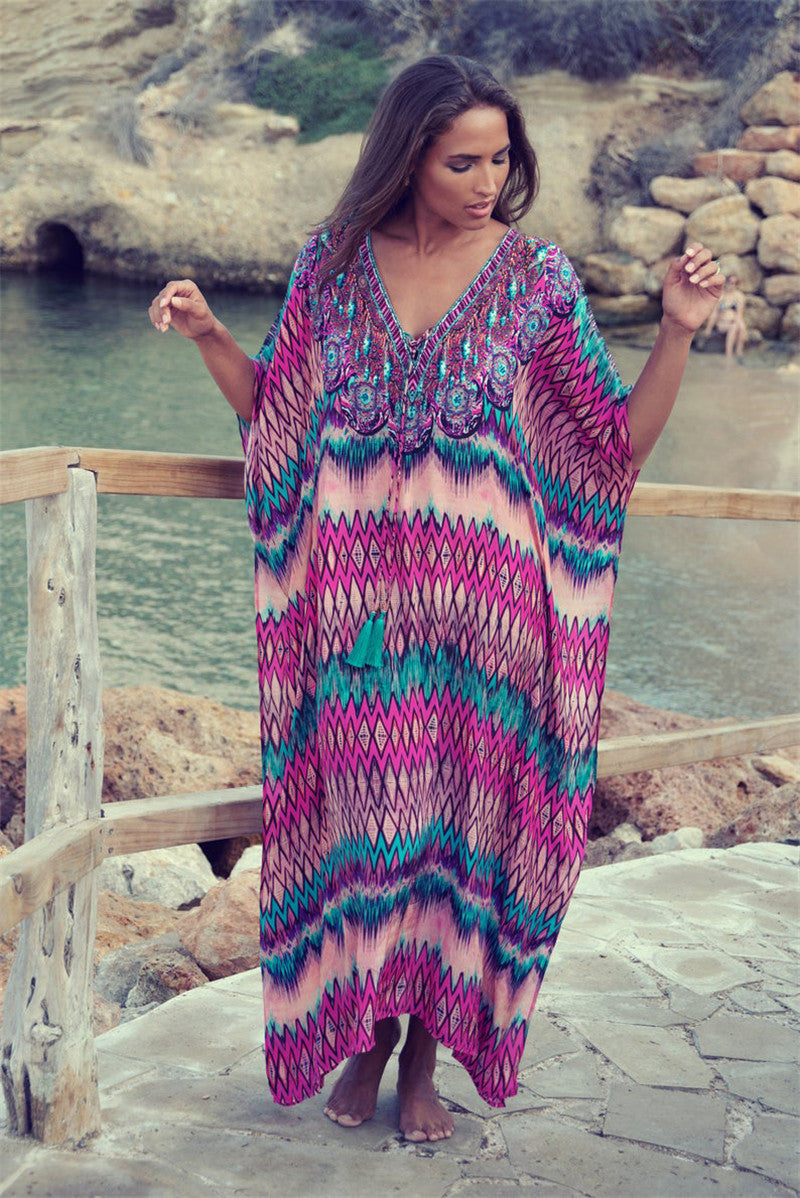 Dame Kaftan med kunstnerisk etnisk design og afslappet snit Stilla