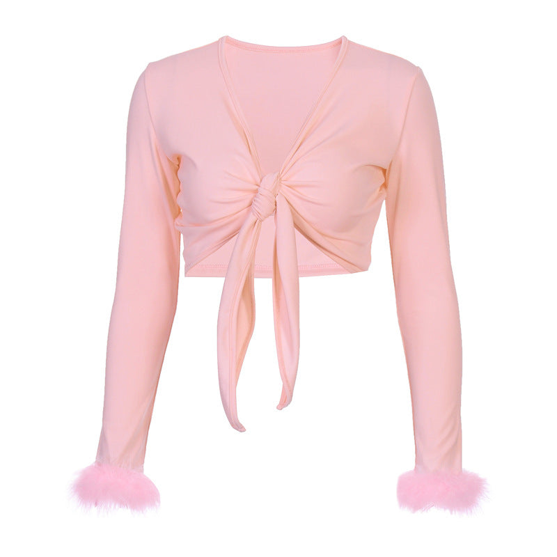 Dame Crop-Top med elegante Flauschenærmer og bindedetalje Stilla