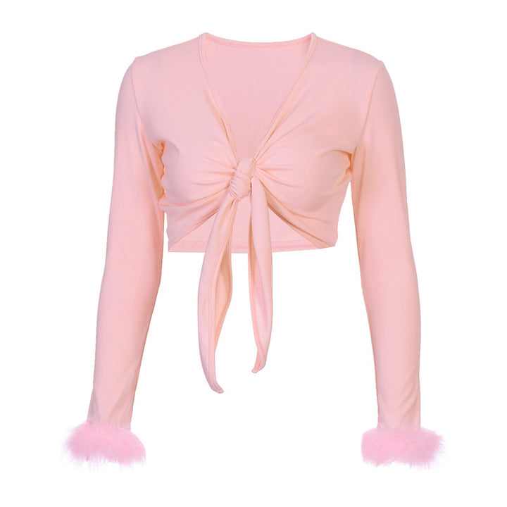 Dame Crop-Top med elegante Flauschenærmer og bindedetalje Stilla