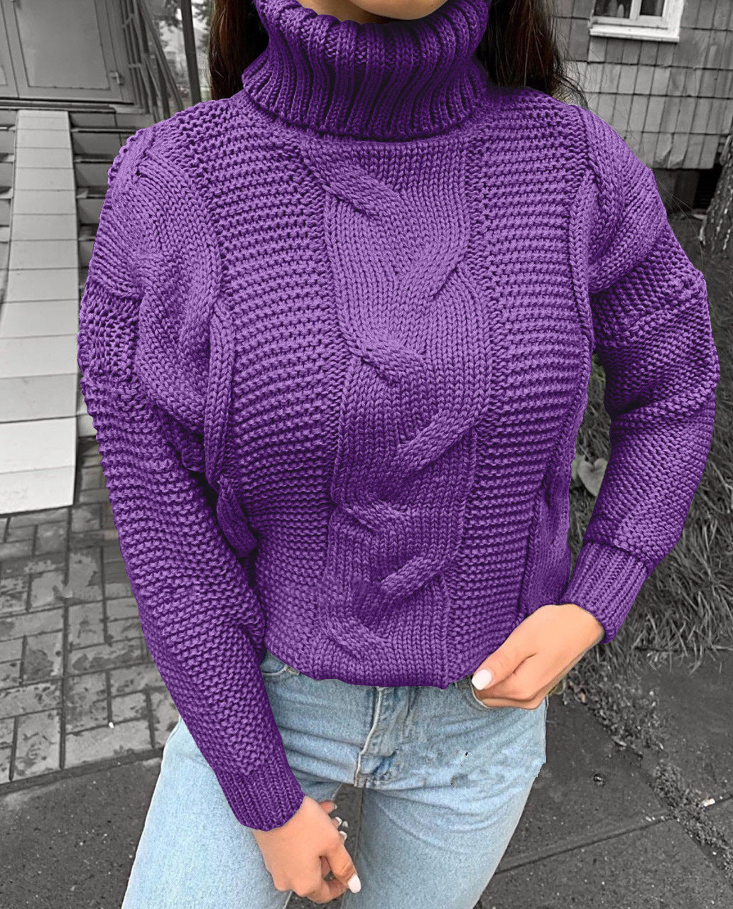 Dame oversized strikpullover med høj krave og mode flettet mønster Stilla