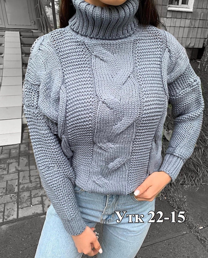 Dame oversized strikpullover med høj krave og mode flettet mønster Stilla