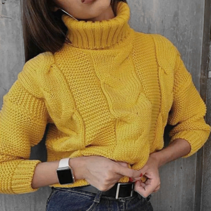 Dame oversized strikpullover med høj krave og mode flettet mønster Stilla