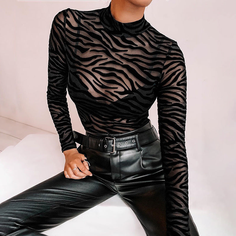 Dame elegant og gennemsigtig langærmet bodysuit med zebra-design Skovae