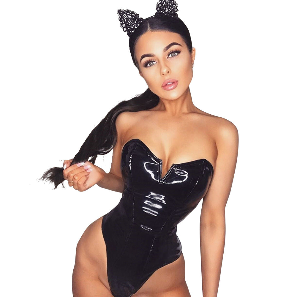 Dame Glamourøs Badedragt med dyb V-udskæring og glinsende overflade Skovae