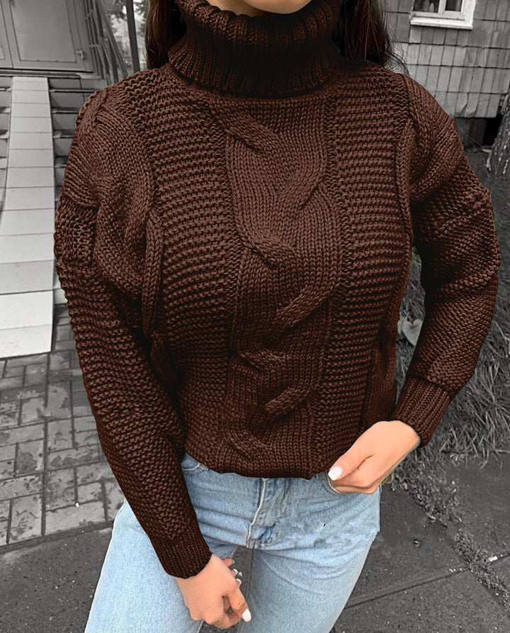 Dame oversized strikpullover med høj krave og mode flettet mønster Stilla