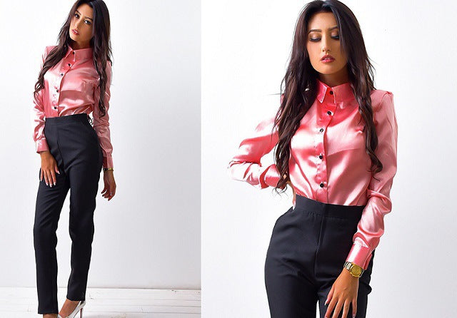 Dame elegant Satin-bluse med skræddersyet pasform og klassisk krave Stilla