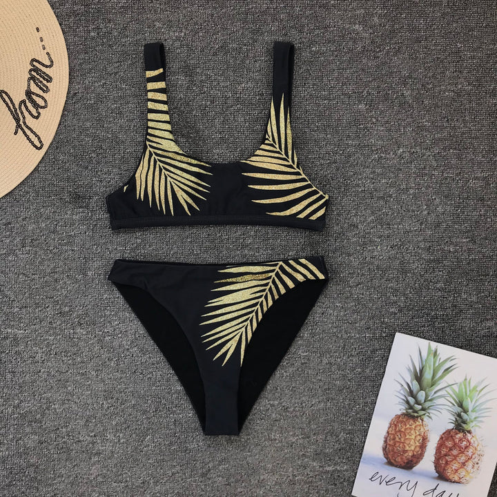 Dame Glitrende Bikini-Sæt med Palmetryk og høj Benudskæring Stilla