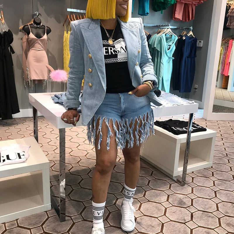 Dame jeans shorts med frynset detaljer og høj talje Stilla