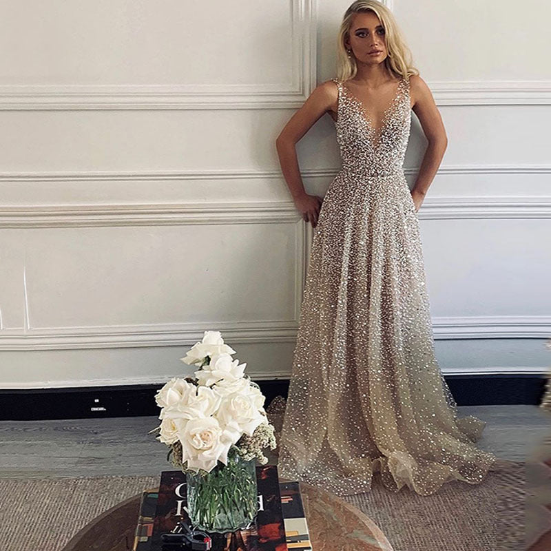 Dame Elegant aftenkjole med glitrende pailetter og flydende skirt Stilla