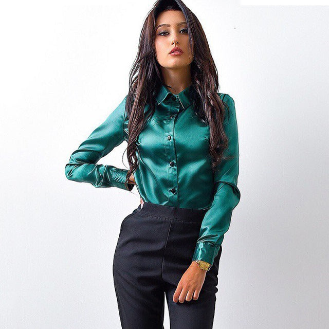 Dame elegant Satin-bluse med skræddersyet pasform og klassisk krave Stilla