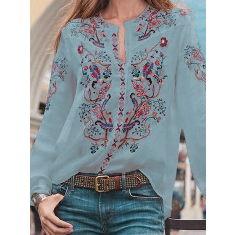 Dame Broderet Bluse med elegant Stehkrave og gennemsigtigt stof Stilla