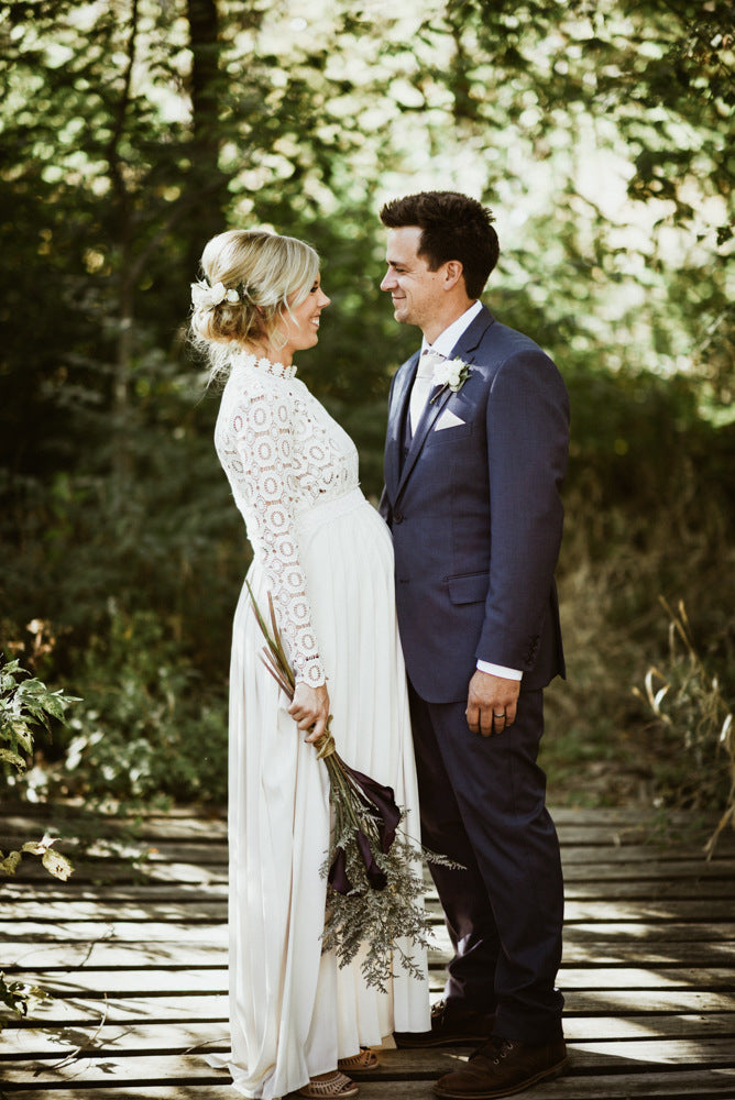 Elegante graviditetskjole med blonde og lange ærmer til damer Stilla