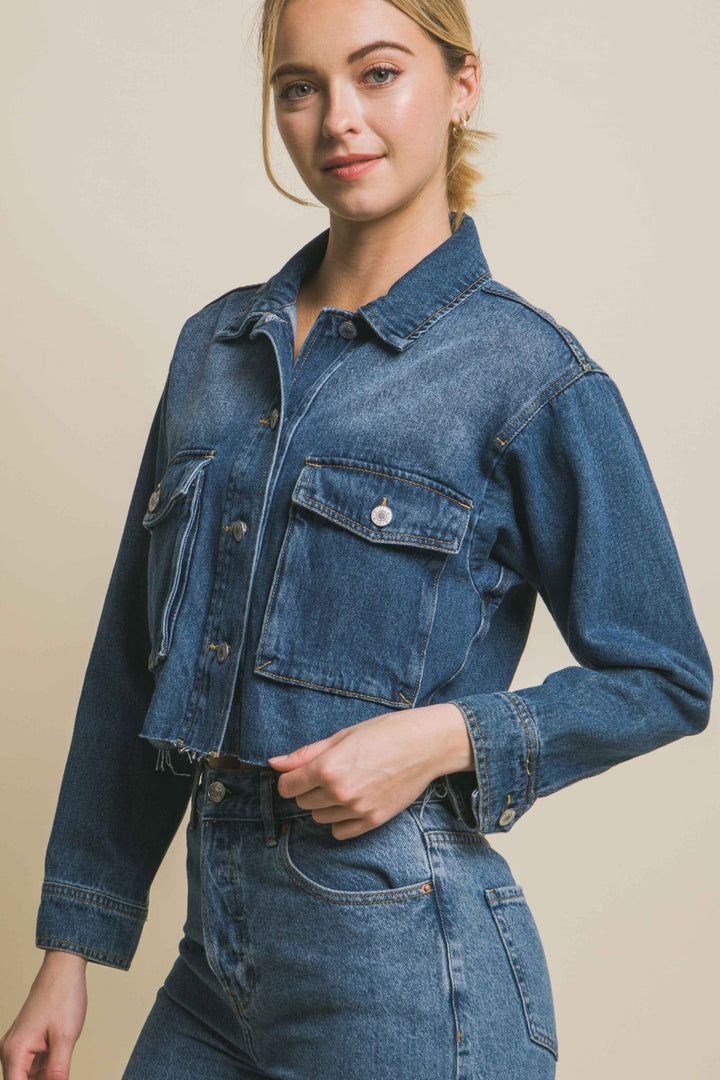 Stilla | Tree Raw Hem Knap up Cropped Denim Jakke
