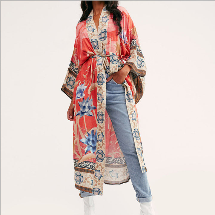Dame Strandkimono med floralt design og luftige ærmer Stilla