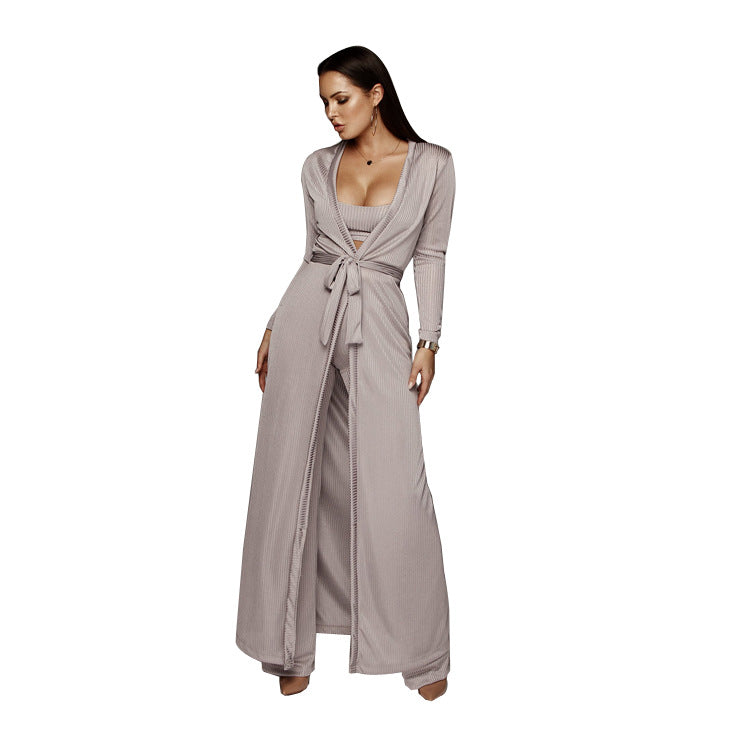 Dame trendy strikdragter med lang cardigan og komfortable palazzo bukser Stilla