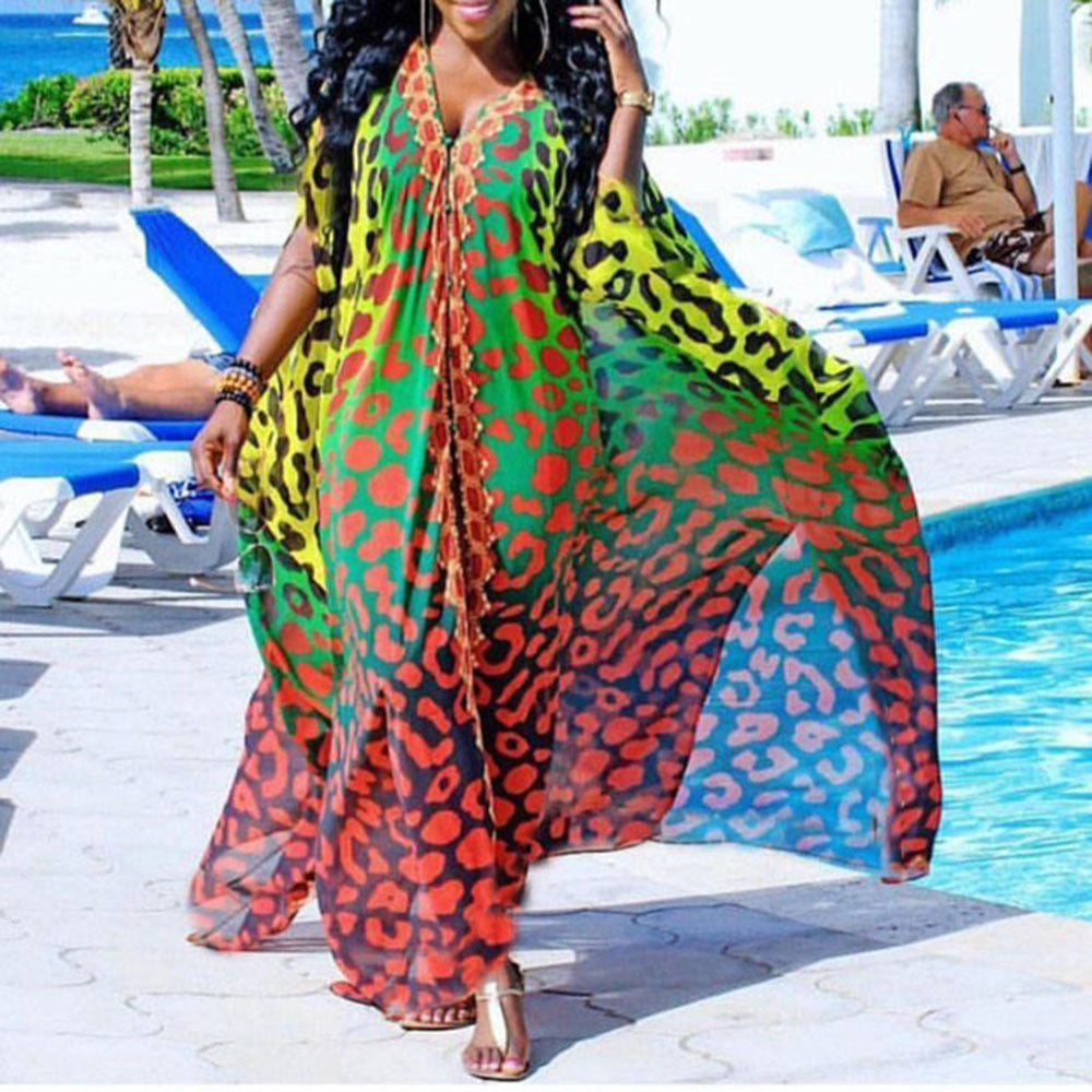 Dame Chiffon Kaftan med livligt dyreprint-design og udvidede ærmer Stilla