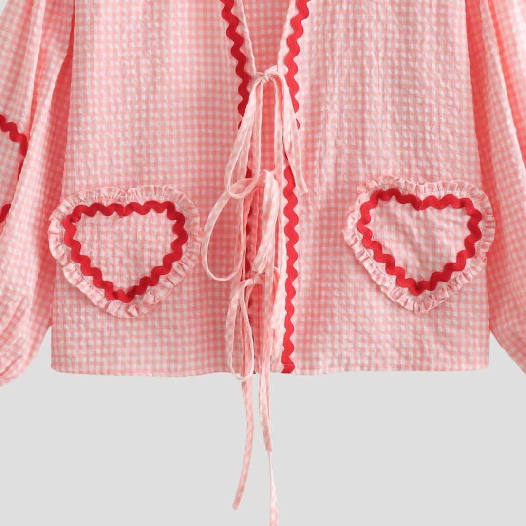 Stilla | Gingham Bånd Front Strikketrøje Med Hjerte Detaljer