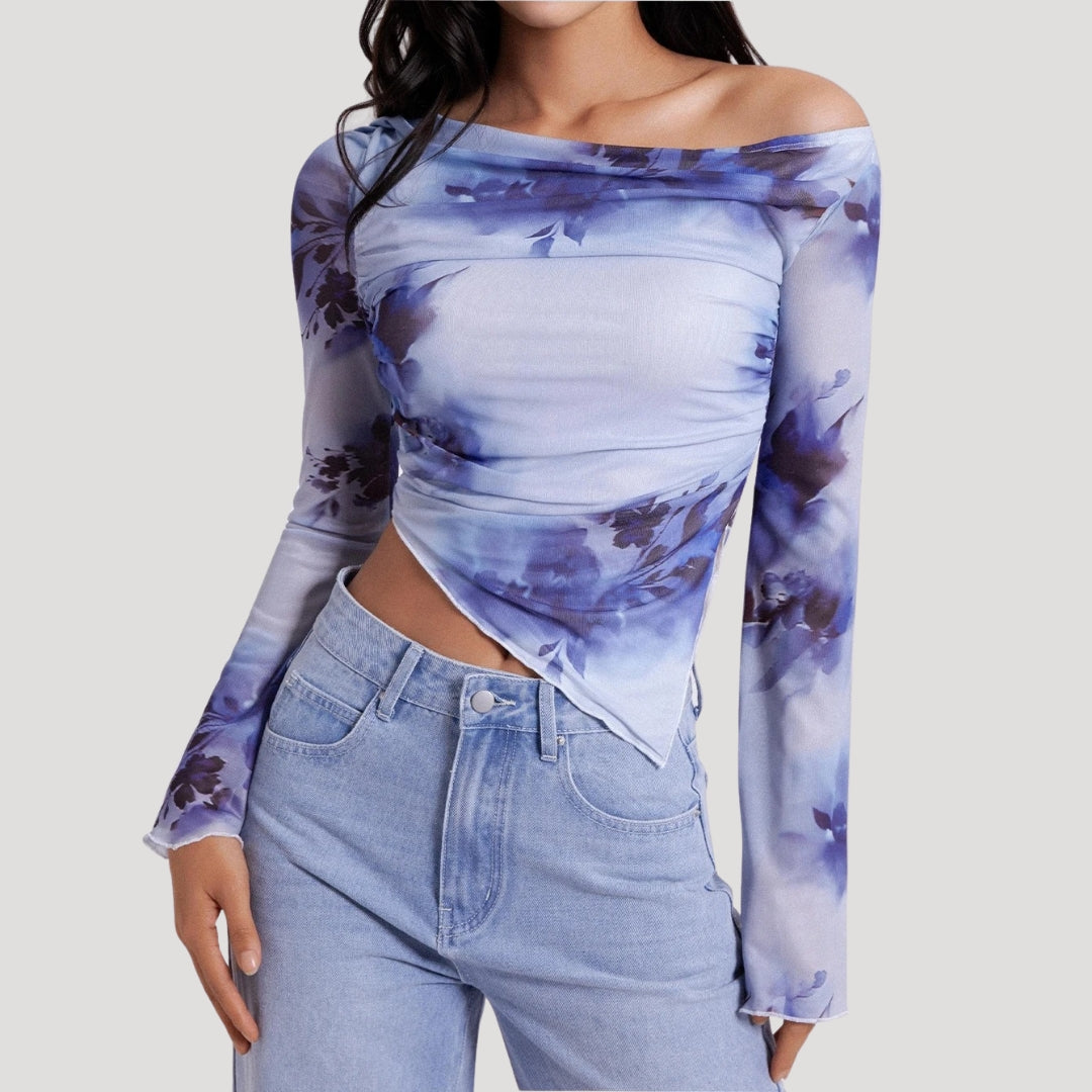 Stilla | Off Shoulder Blå Blomster Mesh Top