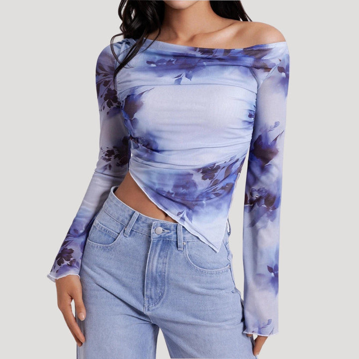Stilla | Off Shoulder Blå Blomster Mesh Top