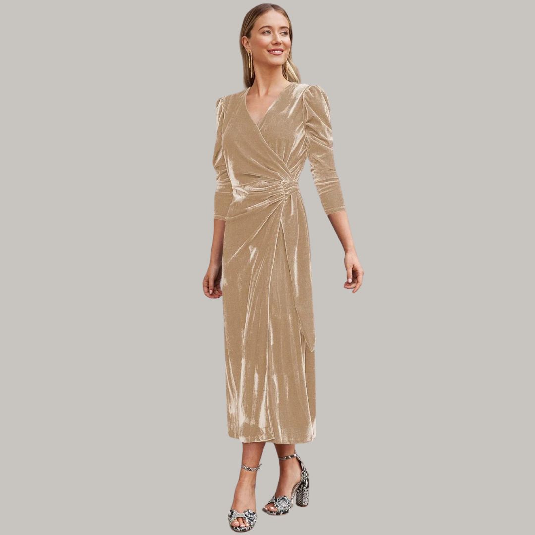 Stilla | Lang Midi Kjole Wrap-Type af Velours med Puffærmer
