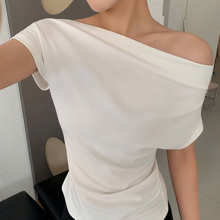 Dame kortærmet T-shirt med rynker slim fit