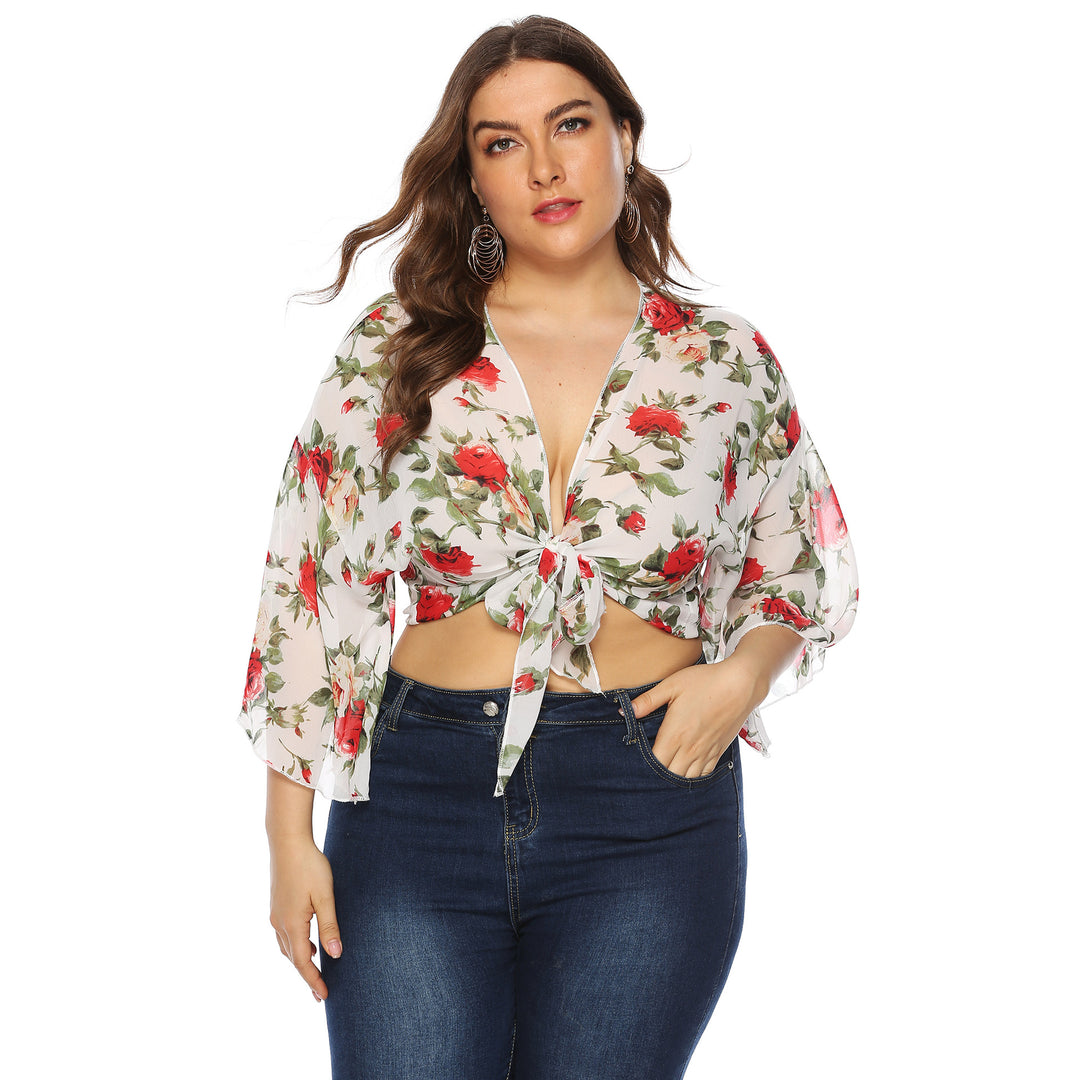 Dame Kort Bluse med blomster mønstre og Sløjfe Stilla