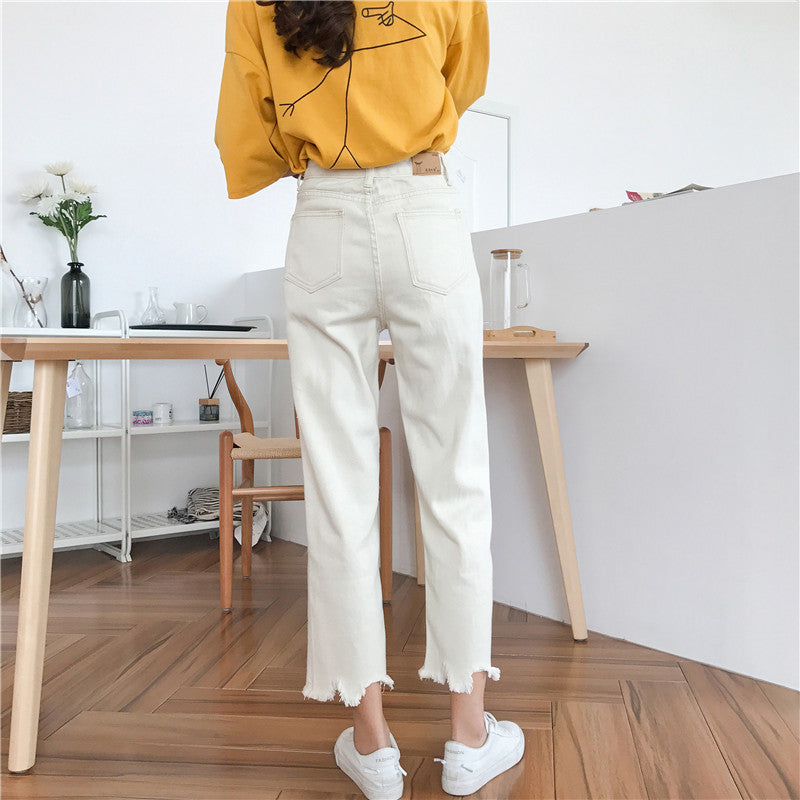 Kvinder Bred Skåret Jeans med Flosset Nederste Stilla