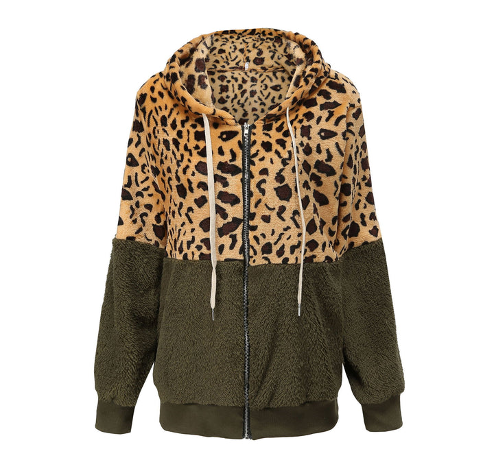 Dame fleecejakke med fashionable leopardmønster og hætte Stilla