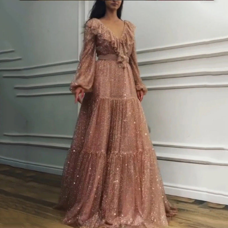 Dame Elegant Maxikjole med Flæse Detaljer og Glimt Effekt Stilla
