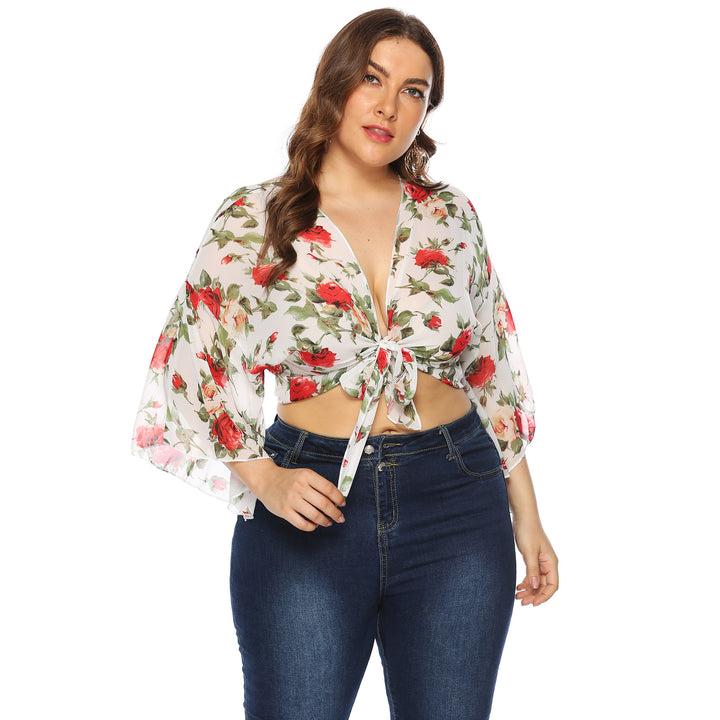Dame Kort Bluse med blomster mønstre og Sløjfe Stilla
