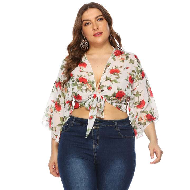 Dame Kort Bluse med blomster mønstre og Sløjfe Stilla
