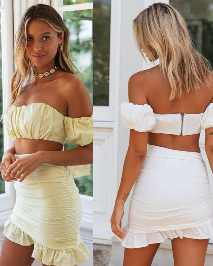 Dame Crop-Top og Miniour Set med Flæse detaljer Stilla