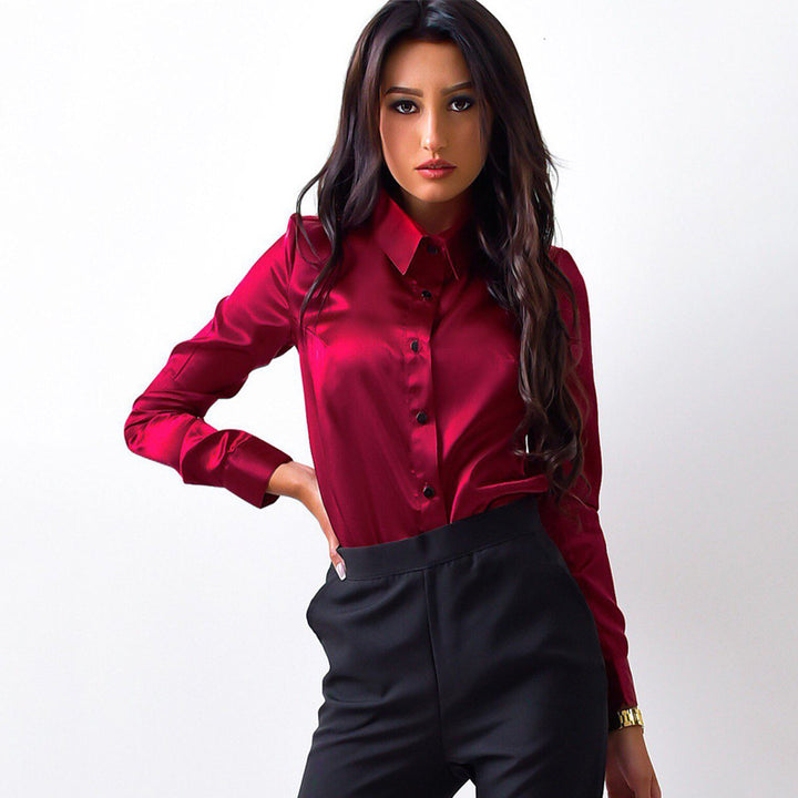 Dame elegant Satin-bluse med skræddersyet pasform og klassisk krave Stilla