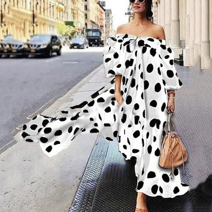 Dame Off-Shoulder Maxikjole med Puffærmer og unikt punkter-design Stilla