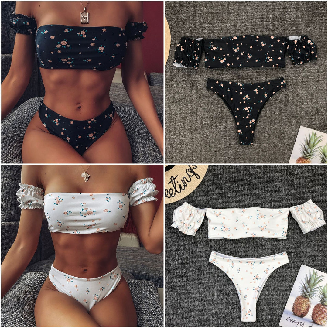 Dame Bandeau-bikini-sæt med flæse-detaljer og høj udskæring Stilla