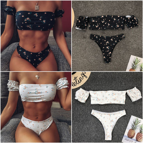 Dame Bandeau-bikini-sæt med flæse-detaljer og høj udskæring Stilla