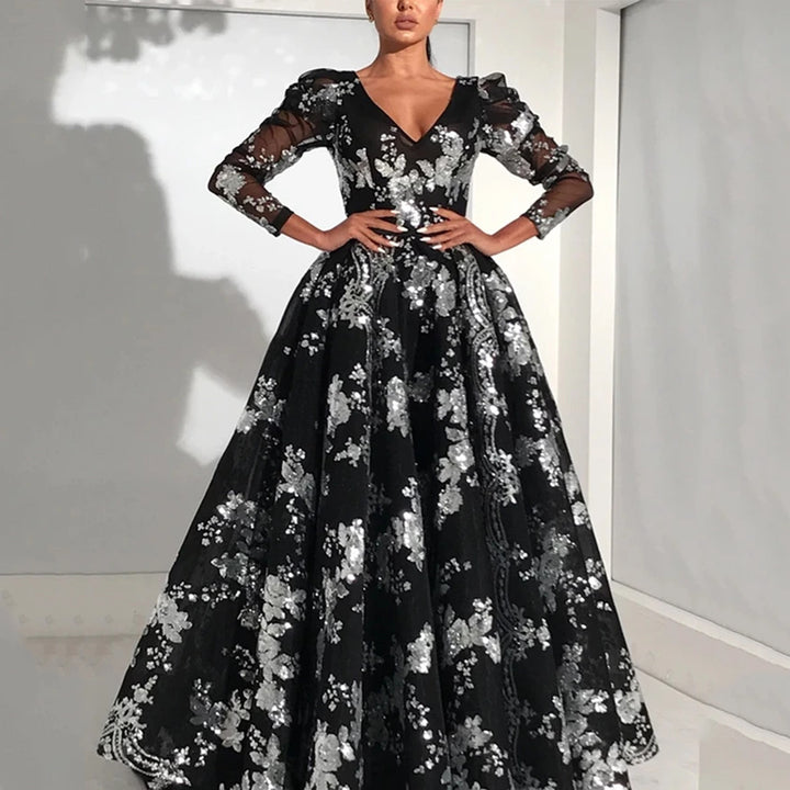 Dame Elegant aftenkjole med blomster spids aksenter og voluminøs skørt Stilla